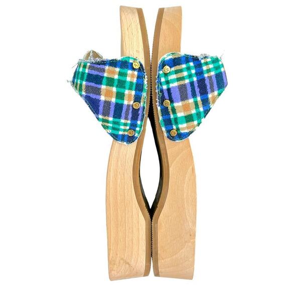 Ganni x Dr Scholls Slip On Pescura Heel Sandals Plaid Strap Blue Womens Sz 7 NEW - Picture 4 of 16